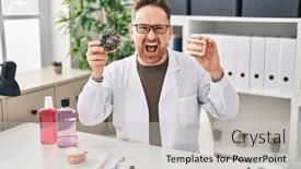  Presentation with denture - Slide set consisting of middle-age-caucasian-dentist-man background and a light gray colored foreground