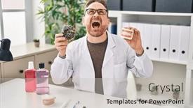  Presentation with denture - Presentation theme enhanced with middle-age-caucasian-dentist-man background and a light gray colored foreground