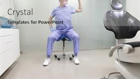  Presentation with dental office - Slide deck consisting of middle age caucasian dentist stretching arm and neck sitting on mobile dental saddle in his office background and a light gray colored foreground