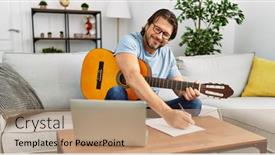  Presentation with guitar - Presentation theme consisting of middle-age-caucasian-man-composing background and a coral colored foreground