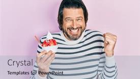  Presentation with ice cream strawberry - Slide deck with middle-age-caucasian-man-eating background and a light blue colored foreground
