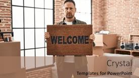  Presentation with welcome - PPT theme enhanced with middle-age-caucasian-man-holding background and a coral colored foreground