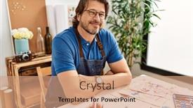  Presentation with art - Presentation design having middle-age-caucasian-man-smiling background and a coral colored foreground