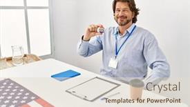  Presentation with vote - Presentation design with middle-age-caucasian-man-smiling background and a lemonade colored foreground