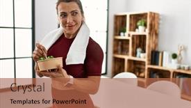  Presentation with sporty - Presentation theme featuring middle-age-caucasian-sporty-woman background and a red colored foreground