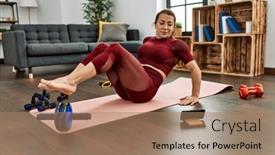  Presentation with sporty - Theme enhanced with middle-age-caucasian-sporty-woman background and a coral colored foreground