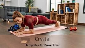  Presentation with sporty - Theme consisting of middle-age-caucasian-sporty-woman background and a coral colored foreground