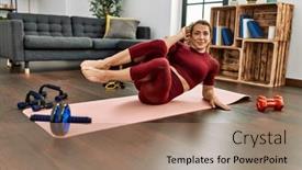  Presentation with sporty - Presentation theme enhanced with middle-age-caucasian-sporty-woman background and a coral colored foreground