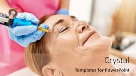  Presentation with anti aging - PPT theme featuring middle-age-caucasian-woman-having background and a coral colored foreground