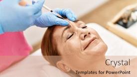  Presentation with anti aging - Presentation theme enhanced with middle-age-caucasian-woman-having background and a coral colored foreground