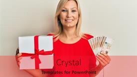  Presentation with south korean - Amazing PPT theme having middle-age-caucasian-woman-holding backdrop and a red colored foreground