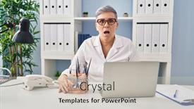  Presentation with human mouth - Presentation theme with middle-age-caucasian-woman-holding background and a light gray colored foreground