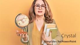  Presentation with woman world - PPT theme enhanced with middle-age-caucasian-woman-holding background and a yellow colored foreground