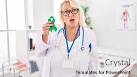  Presentation with ribbon-green - Slide set featuring middle-age-caucasian-woman-holding background and a light gray colored foreground