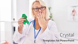  Presentation with ribbon green - PPT theme having middle-age-caucasian-woman-holding background and a sky blue colored foreground