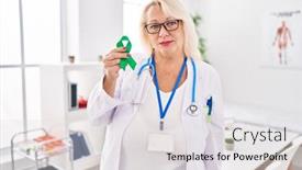  Presentation with ribbon green - Presentation theme consisting of middle-age-caucasian-woman-holding background and a light gray colored foreground