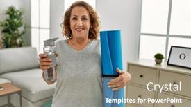  Presentation with water bottle - Presentation with middle-age-caucasian-woman-holding background and a gray colored foreground