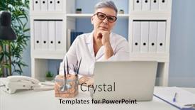  Presentation with human face - Slide deck with middle-age-caucasian-woman-holding background and a light gray colored foreground