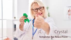  Presentation with ribbon green - PPT theme having middle-age-caucasian-woman-holding background and a  colored foreground