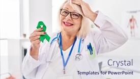  Presentation with ribbon green - PPT layouts enhanced with middle-age-caucasian-woman-holding background and a  colored foreground