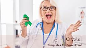  Presentation with ribbon green - PPT theme consisting of middle-age-caucasian-woman-holding background and a lemonade colored foreground