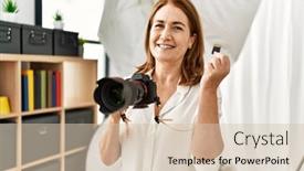  Presentation with photograph - Presentation theme with middle-age-caucasian-woman-photographer background and a  colored foreground
