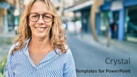  Presentation with city - PPT theme featuring middle-age-caucasian-woman-smiling background and a light blue colored foreground