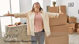  Presentation with new home - Presentation enhanced with middle-age-caucasian-woman-smiling background and a  colored foreground