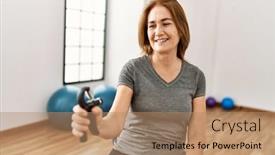  Presentation with woman sport - PPT theme enhanced with middle-age-caucasian-woman-smiling background and a coral colored foreground