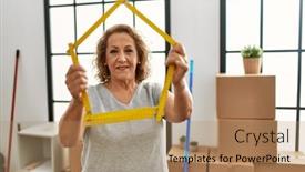  Presentation with new home - Theme featuring middle-age-caucasian-woman-smiling background and a  colored foreground