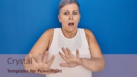  Presentation with panic - PPT layouts enhanced with middle-age-caucasian-woman-standing background and a coral colored foreground