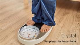  Presentation with machine - PPT theme with middle-age-caucasian-woman-using background and a coral colored foreground