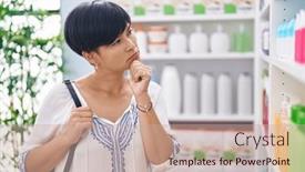  Presentation with pharmacy - PPT layouts consisting of middle-age-chinese-woman-customer background and a coral colored foreground