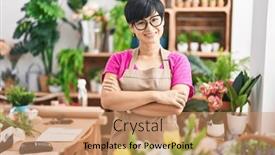  Presentation with flower woman - Presentation theme with middle-age-chinese-woman-florist background and a coral colored foreground