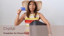  Presentation with credit card - PPT theme having middle-age-chinese-woman-holding background and a  colored foreground