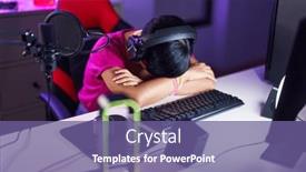  Presentation with computer room - PPT layouts consisting of middle-age-chinese-woman-streamer background and a violet colored foreground