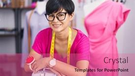  Presentation with sewing machine - Slide deck with middle-age-chinese-woman-tailor background and a coral colored foreground