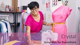  Presentation with chinese chinese - PPT theme consisting of middle-age-chinese-woman-tailor background and a coral colored foreground