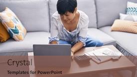  Presentation with accounting - PPT theme consisting of middle-age-chinese-woman-using background and a violet colored foreground