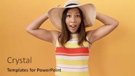  Presentation with woman hands open - Presentation theme enhanced with middle-age-chinese-woman-wearing background and a yellow colored foreground