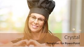  Presentation with cook chef - Amazing presentation theme having middle age cook woman wearing chef apron happy showing love with hands in heart shape expressing healthy and marriage symbol backdrop and a coral colored foreground