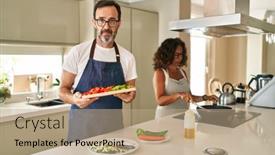  Presentation with simple food - Slide set enhanced with middle-age-couple-cooking-mediterranean background and a coral colored foreground