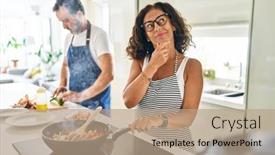  Presentation with mediterranean food - PPT layouts with middle-age-couple-cooking-mediterranean background and a coral colored foreground