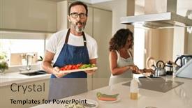  Presentation with mediterranean food - Slide set with middle-age-couple-cooking-mediterranean background and a coral colored foreground