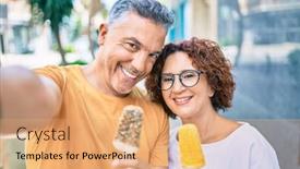  Presentation with pastrie ice cream - Cool new PPT theme with middle-age-couple-eating-ice backdrop and a coral colored foreground