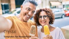  Presentation with ice cream - Amazing slide set having middle-age-couple-eating-ice backdrop and a coral colored foreground