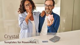  Presentation with piggy bank - PPT theme enhanced with middle-age-couple-holding-piggy background and a soft green colored foreground
