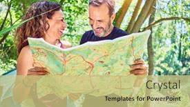  Presentation with camping - Presentation theme enhanced with middle-age-couple-of-hiker background and a yellow colored foreground