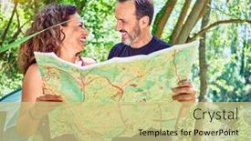 Presentation with camping - Amazing presentation design having middle-age-couple-of-hiker backdrop and a soft green colored foreground