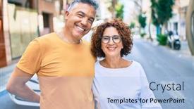  Presentation with city street - Slide set featuring middle-age-couple-smiling-happy background and a light blue colored foreground